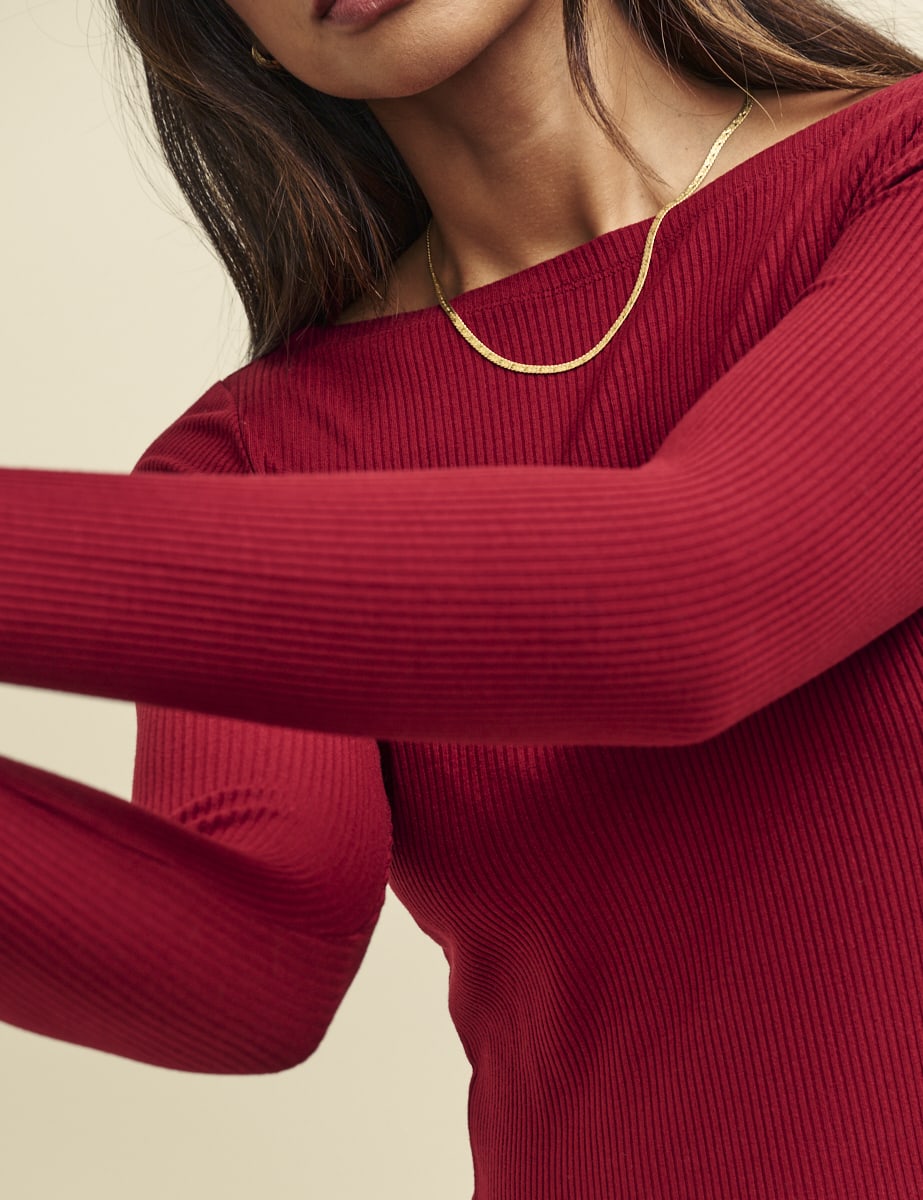 Dark Red Long Sleeve Slash Neck Top