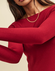 Dark Red Long Sleeve Slash Neck Top