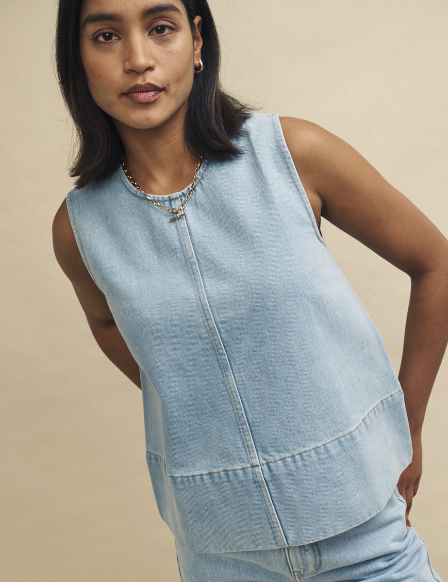 Blue Light Wash Denim Swing Top