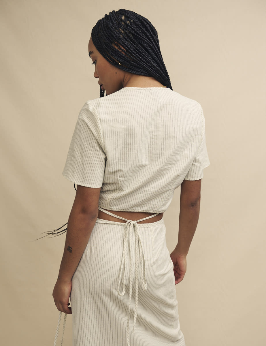 Cream Pinstripe Wrap Crop Top