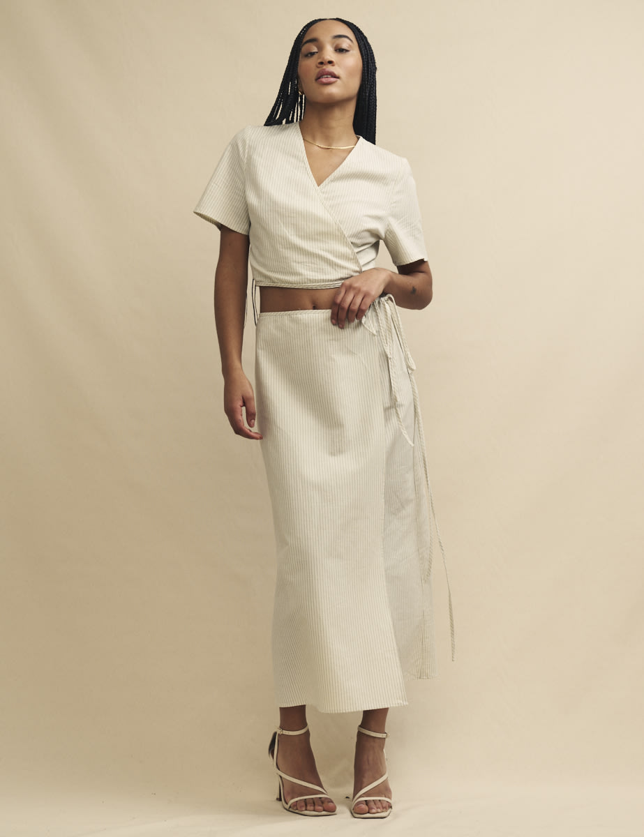 Cream Pinstripe Wrap Crop Top
