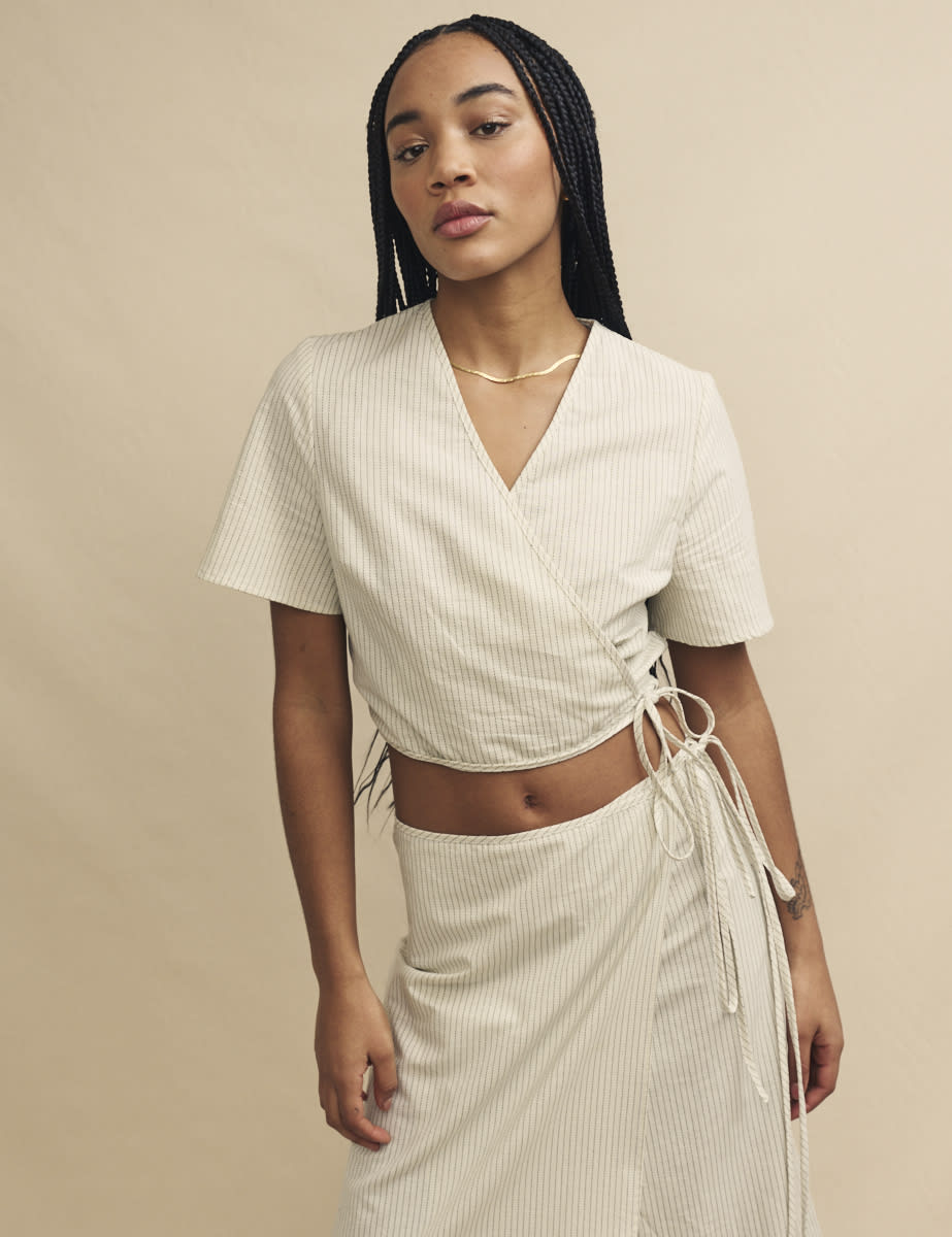 Cream Pinstripe Wrap Crop Top