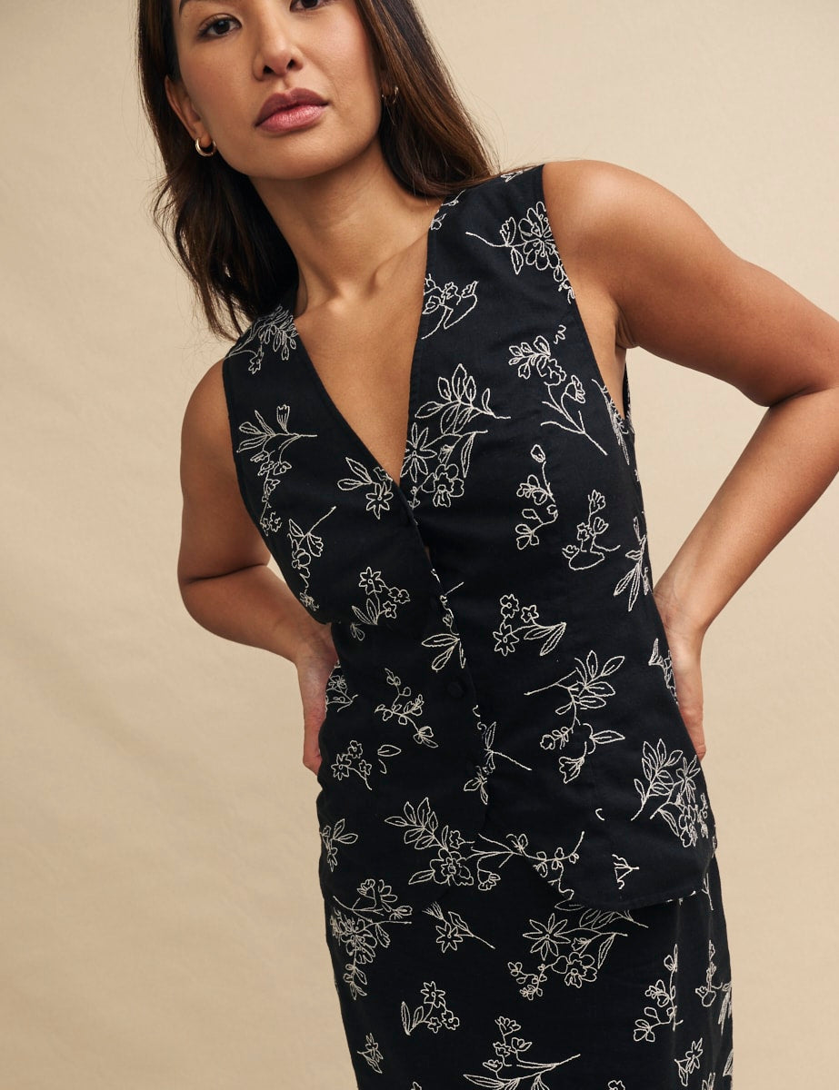 Black Floral Embroidered Bea Waistcoat