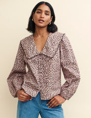 Pink Rose Print Peter Pan Collar Long Sleeve Blouse