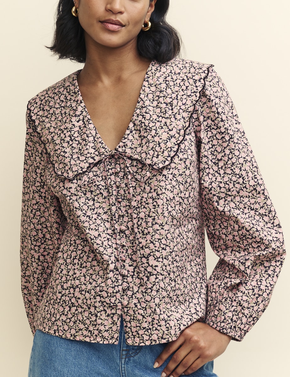 Pink Rose Print Peter Pan Collar Long Sleeve Blouse