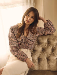 Pink Rose Print Peter Pan Collar Long Sleeve Blouse